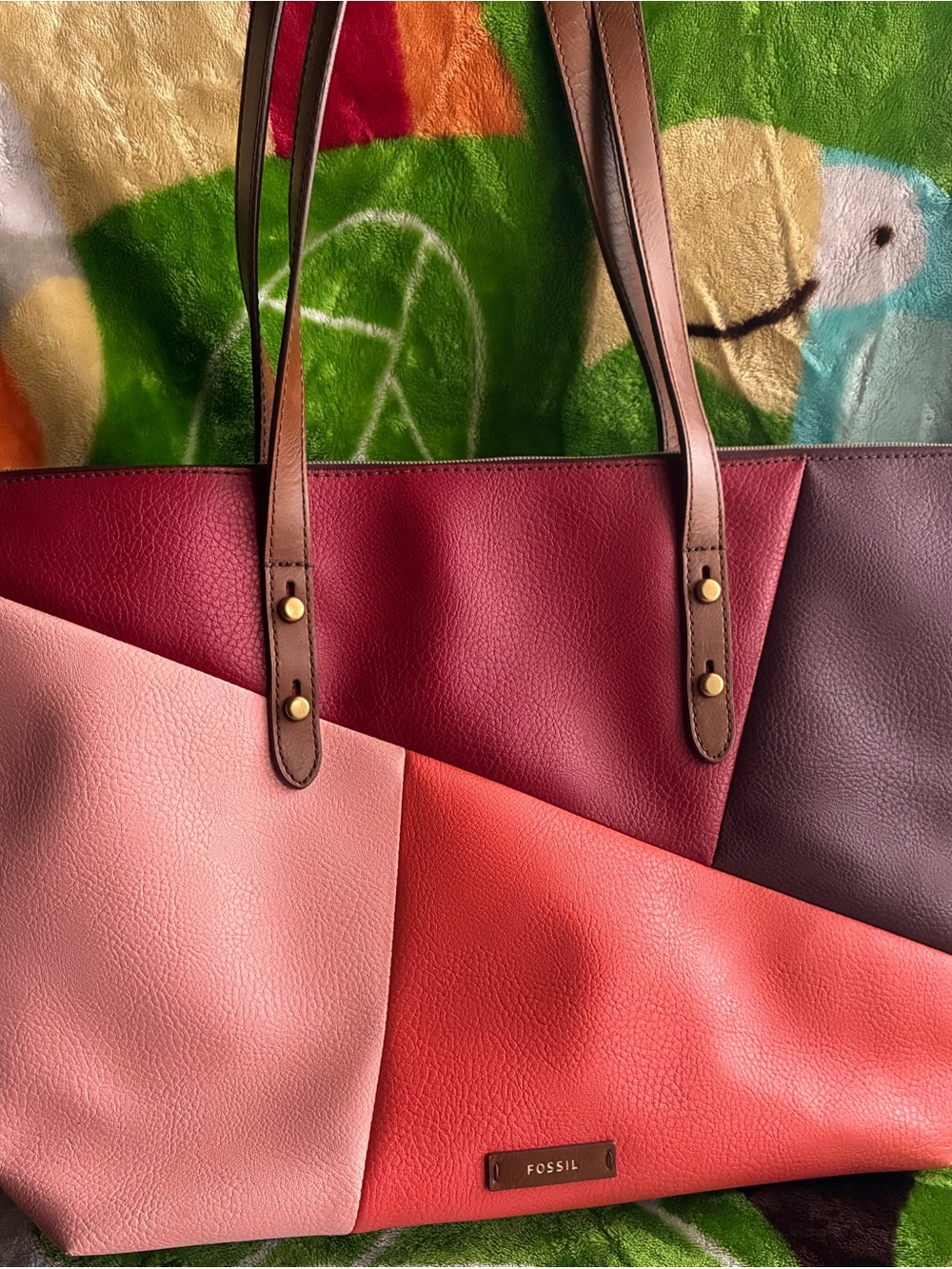 Fossil Colorblock Leather Tote in Pink, Red, Burgundy & Brown Straps